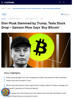 Elon Musk Slammed by Trump, Tesla Stock Drop - Samson Mow Says ‘Buy Bitcoin’