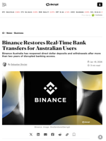 Binance Restores Real-Time Bank Transfers for Australian Users - Decrypt