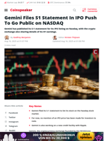 Gemini Files S1 Statement In IPO Push To Go Public on NASDAQ - Coinspeaker