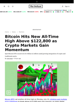Bitcoin Hits New All-Time High Above $122,800 as Crypto Markets Gain Momentum - 
