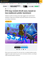 Ether Eyeing $3.2K As Stablecoin Yields Remain Low: Santiment