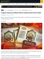 Crypto Treasury Inflows Drop 95% From April as DAT Demand Cools