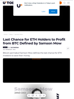 Last Chance for ETH Holders to Profit from BTC Defined by Samson Mow - U.Today