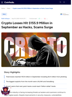 Crypto Losses Hit $155.9 Million in September as Hacks, Scams Surge