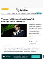 Tom Lee's Bitmine debuts MAVAN staking, stock advances