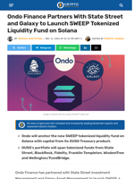 Ondo, State Street and Galaxy Plan SWEEP on Solana