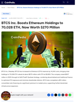 BTCS Inc. Boosts Ethereum Holdings to 70,028 ETH, Now Worth $270 Million