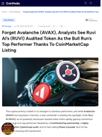 Forget Avalanche (AVAX), Analysts See Ruvi AI’s (RUVI) Audited Token As the Bull Run’s Top Performer Thanks To CoinMarketCap Listing