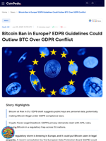 Bitcoin Ban in Europe? EDPB Guidelines Could Outlaw BTC Over GDPR Conflict