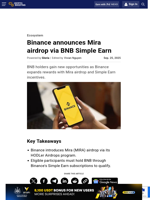 Binance announces Mira airdrop via BNB Simple Earn