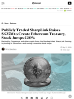 Publicly Traded SharpLink Raises $425M to Create Ethereum Treasury, Stock Jumps 420% - Decrypt