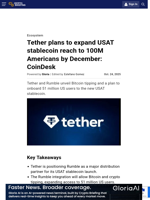 Tether plans to expand USAT stablecoin reach to 100M
Americans by December: CoinDesk