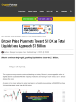 Bitcoin Price Plummets Toward $113K as Total Liquidations Approach $1 Billion