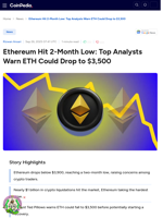 Ethereum Hit 2-Month Low: Top Analysts Warn ETH Could Drop to $3,500