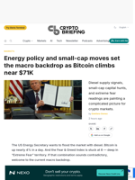 Energy policy and small-cap moves set the macro backdrop as Bitcoin climbs near $71K