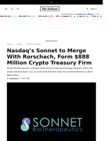Nasdaq’s Sonnet to Merge With Rorschach, Form $888 Million Crypto Treasury Firm - 