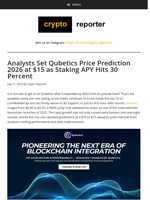 Analysts Set Qubetics Price Prediction 2026 at $15 as Staking APY Hits 30 Percent