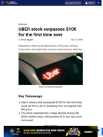 UBER stock surpasses $100 for the first time ever