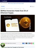 BitMine Immersion Holds Over 2% of Ethereum Supply