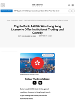 Crypto Bank AMINA Wins Hong Kong License to Offer Institutional Trading and Custody