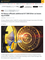 FG Nexus Sells 10,000 ETH as Treasury Losses Top $100M