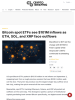 Bitcoin spot ETFs see $101M inflows as ETH, SOL, and XRP face outflows