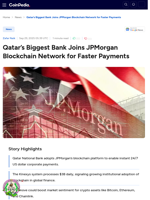 Qatar’s Biggest Bank Joins JPMorgan Blockchain Network for Faster Payments