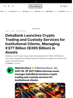 DekaBank Launches Crypto Trading and Custody Services for Institutional Clients, Managing €377 Billion ($395 Billion) in Assets - 