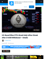 US-Based Ether ETFs Break Daily Inflow Streak After $165M Withdrawal — Details | Bitcoinist.com