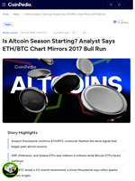 Is Altcoin Season Starting? Analyst Says ETH/BTC Chart Mirrors 2017 Bull Run