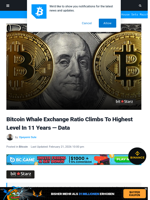 Bitcoin Whale Exchange Ratio Climbs To Highest Level In 11 Years — Data | Bitcoinist.com