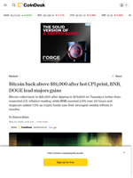 Bitcoin back above $81,000 after hot CPI print, BNB, DOGE lead majors gains