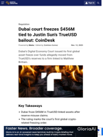 Dubai court freezes $456M tied to Justin Sun's TrueUSD bailout: CoinDesk