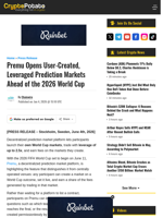 Premu Opens User-Created, Leveraged Prediction Markets Ahead of the 2026 World Cup