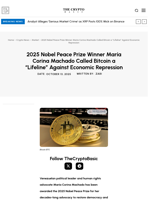 2025 Nobel Peace Prize Winner María Corina Machado Called Bitcoin a “Lifeline” Against Economic Repression