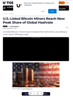 U.S.-Listed Bitcoin Miners Reach New Peak Share of Global Hashrate