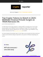 Top Crypto Tokens to Watch in 2025: WeWake Finance Presale Surges as TRON Retraces 5%