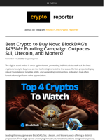 Best Crypto to Buy Now: BlockDAG's $435M+ Funding Campaign Outpaces Sui, Litecoin, and Monero