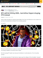 BTC Will Hit $1M By 2030... But Arthur Hayes Is Buying ETH Instead