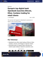 Europe's top digital bank Openbank launches Bitcoin, Ether, Cardano trading for retail clients