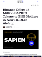 Binance Offers 15 Million SAPIEN Tokens to BNB Holders in New HODLer Airdrop