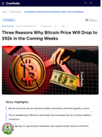Three Reasons Why Bitcoin Price Will Drop to $92k in the Coming Weeks