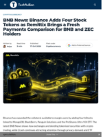 BNB News: Binance Adds Four Stock Tokens as Remittix Brings a Fresh Payments Comparison for BNB and ZEC Holders - TechBullion