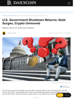 U.S. Government Shutdown Returns: Gold Surges, Crypto Unmoved - DailyCoin