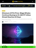 Ethereum (ETH) Price: Mega Whales Continue Buying as $5.4B ETF Inflow Streak Reaches 20 Days - CoinCentral