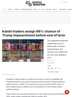 Kalshi traders assign 66% chance of Trump impeachment before end of term
