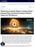 Whale Accumulation Report: Cardano News Reveals Major Investors Pivoting to Bitcoin Solaris for 10X Returns