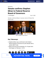 Senate confirms Stephen Miran to Federal Reserve Board of Governors