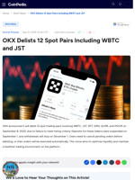 OKX Delists 12 Spot Pairs Including WBTC and JST