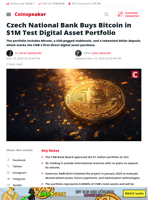 Czech National Bank Buys Bitcoin in $1M Test Portfolio